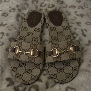 Gucci Beige GG Pattern Slides with Gold Accents